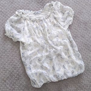 GORGEOUS Cottagecore Ivory Silk Gathered Puff Sleeve Top w/blue Floral, Size S